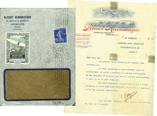 [7369.1910.03] 1910, 1910, Louis Blériot, Geschäftsbrief mit illustriertem Briefkopf &quot; Monoplan über dem Ärmelkanal&quot;