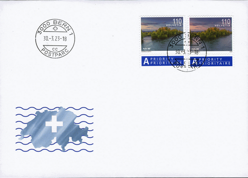[7303.1857.03] Dauerserie Flusslandschaften, 110 Rp. Aare BE, "Starke Druckverschiebung, sog. Aare im Abendrot"