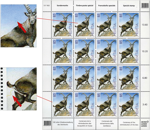 [7300.1196.04] 85 Rp. Steinbock, &quot;Grosse gelbe Schlange am Hinterteil&quot; u. &quot;Blaues Fragezeichen über dem Steinbock&quot;