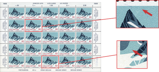 [7300.445.07] 10. Rp. Finsteraarhorn, "Retouche im bläulichgrün rechts vom Bergspitze" (Bg.A111, 7.M) und "Punktgrosse Retouche am Fuss des kleinen Berges links" (Bg.A111, 23.M)