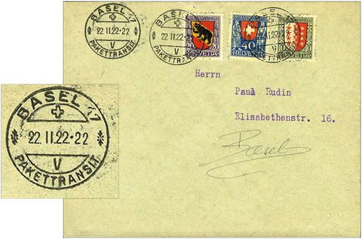 [7390.1922.01] 1922, Schnapszahlbeleg- Buntfrankatur