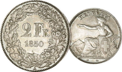 [7885.1850.03] 1850, 2 Fr. Silber-Kursmünze Sitzende Helvetia