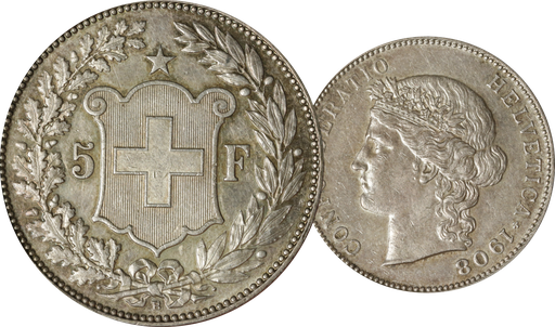 [7877.1908.02] 1908, 5 Fr. Silber-Kursmünze Helvetiakopf