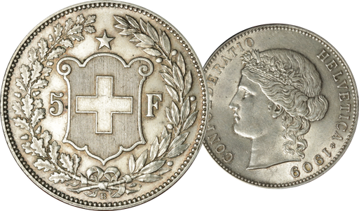 [7877.1909.02] 1909, 5 Fr. Silber Kursmünze Helvetiakopf