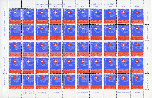 [7300.442.03] 1966, Sondermarke "Die fünfte Schweiz", 20 Rp. Weltkugel mit Schweizerkreuz
