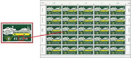 [7300.314.29] 1953, 10 Rp. Alpenpost im Winter, Abart:"Retouche zwischen V und Strich"