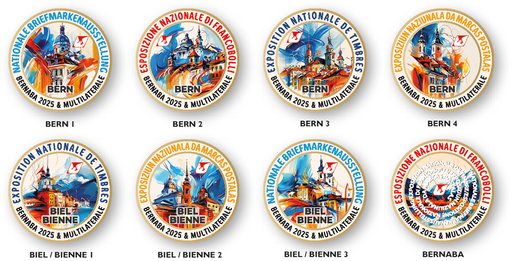 [9934.2025.01] 2025, 8 exklusive Sammel-Pins zur Briefmarkenausstellung &quot;BERNABA und MULTILATERALE 2025&quot;