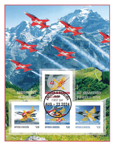 [1600.2024.34] 2024, 60 Jahre Patrouille Suisse, Antigua und Barbuda UNGEZÄHNT mit Goldaufdruck
