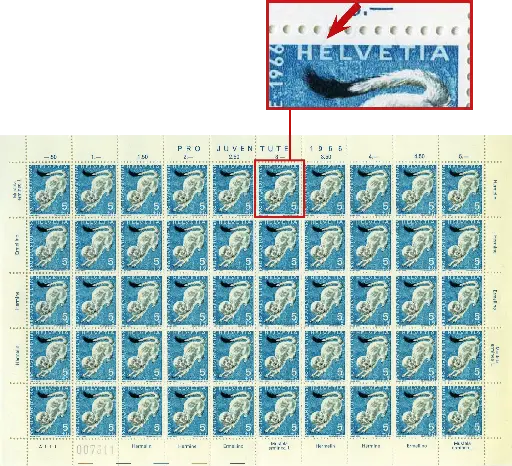 [7390.215.03] 5+5 Rp. Hermelin, "Farbloser Fleck im oberen Balken des 1. E von Helvetia" Originalbogen
