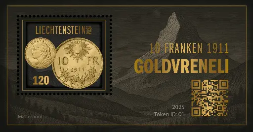 [7829.2025.24] 2025, EXKLUSIVE Krypto-Sonderblock „10 FRANKEN GOLDVRENELI 1911“, Liechtenstein per 5