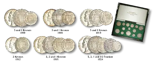 [7891.1900.02] 1900-1924, Kronen- und Franken-Silbermünzen Komplettset