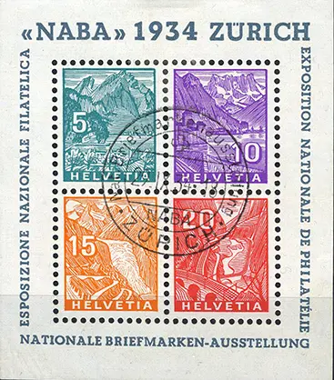 [7410.1.18] 1934, Nationale Briefmarkenausstellung in Zürich (NABA) ET-Stempel 