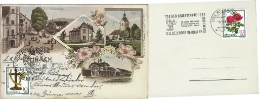 [7590.1982.01] 1982, Reinach(AG), 10+10 Rp. Briefwaage auf nostalgischer, nicht verausgabten Ansichts-Karte 