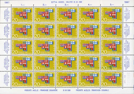 [7300.447.01] 20 Rp.EFTA-Flaggen, Originalbogen mit grossem Farbfleck   