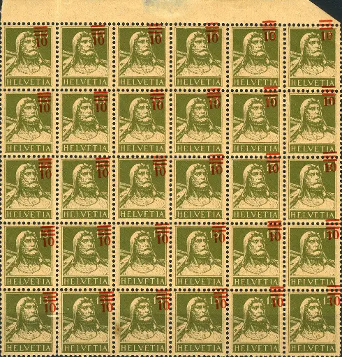 [7300.149.21] 10-13 Rp. grünoliv, "Aufdruck in die obere Marke versetzt "      