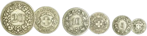 [7993.1850.01] 1850, Set der ersten Bundesmünzen 5 Rp., 10Rp. und 20 Rp.