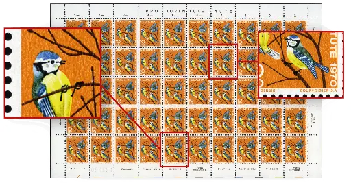[7390.232.03] 10+10 Rp. Blaumeise, "Ausbuchtung an der Haube und Meise mit Uhrenkette", Originalbogen 