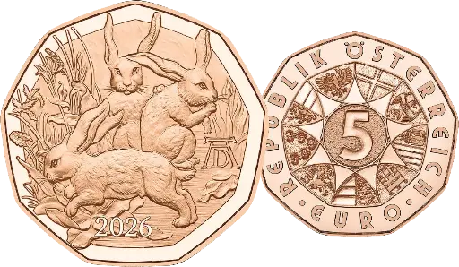 [7983.2026.01] 2026, 5 Euro, Dürers Hasentrio, Österreich