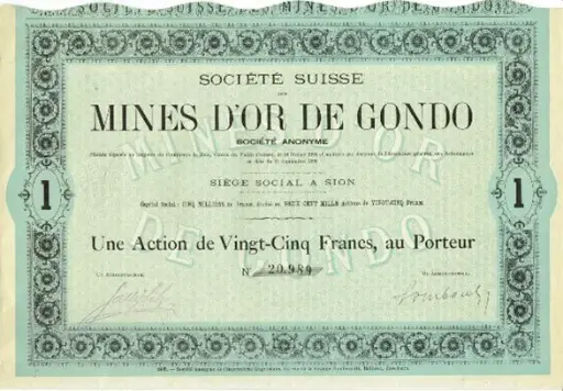 [7995.1895.01] 1895, Aktie über 25 Franken, «Société Suisse des Mines d'Or de Gondo SA»