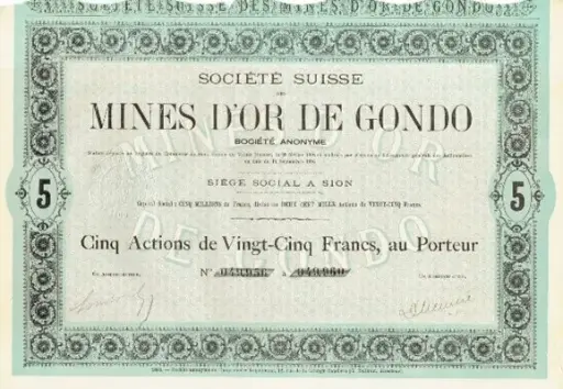 [7995.1895.02] 1895, Zertifikat über 5 Aktien zu je 25 Franken, «Société Suisse des Mines d'Or de Gondo SA»