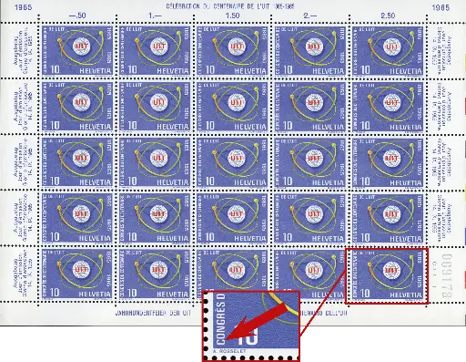 [7300.436.04] 10 Rp. UIT-Symbole, "C von Congrès ausgebuchtet" Originalbogen    