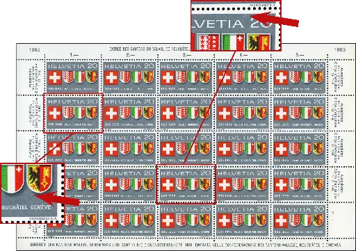 [7300.432.04] 20 Rp. Schweizerwappen, "Ätzfehler und helle Stelle" Originalbogen    