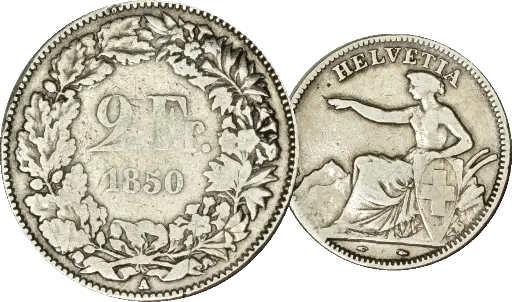 [7885.1850.04] 1850, 2 Fr. Silber-Kursmünze Sitzende Helvetia