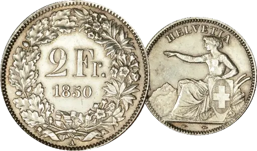 [7885.1850.05] 1850, 2 Fr. Silber-Kursmünze Sitzende Helvetia