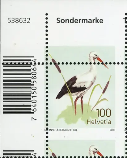 [7300.1466.03] 100 Rp. Weissstorch, Zähnungsverschiebung, oberes Bogenrandstück     