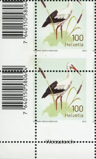 [7300.1466.05] 100 Rp. Weissstorch, Zähnungsverschiebung, unteres Bogenpaarstück       