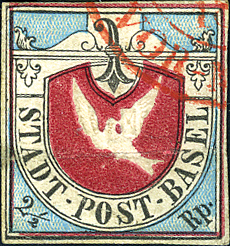 [7021.8.13] Basler Taube, schwarz/lebhaftblau/karmin