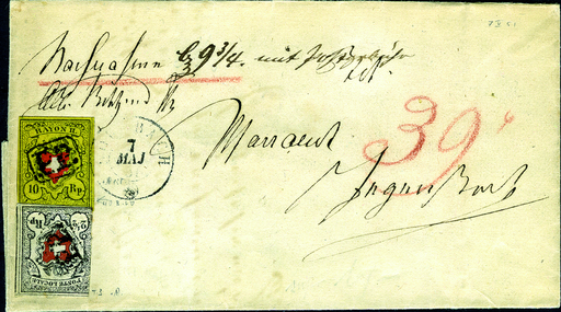 [7034.14.15] 1851, Post Locale mit KE, Type 3 und Rayon II schwarz-rot-gelb, Type 40