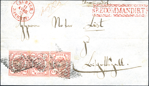 [7061.19.09] Typen 10, 8 und 4 als Streifen auf Chargé-Brief, eidg. Rauten, roter Abgangstempel Zürich, roter Stempel RECOMMANDIRT, farbenfrisch, Type 10 rechts leicht berührt, sonst alle Marken gut gerandet, in guter Erhaltung. Selten!