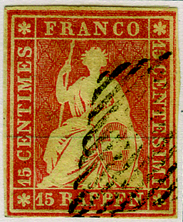 [7152.24.05] 15 Rp. bräunlichrot (hell), blaue eidg. Raute, sauber und farbenfrisch, vierseitig weissrandig, gute Erhaltung.