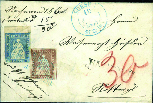 [7154.22.08] 5 Rp. braun weissrandig und 10 Rp. preussischblau, Münchner Druck, 3. Druckperiode