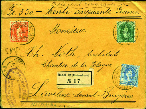 [7290.86.31] 20 Rp. rotorange, 25 Rp. blau (Type 1) und 50 Rp. grün