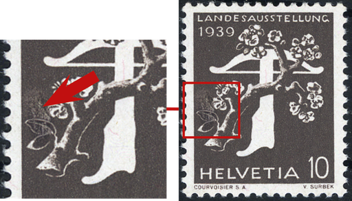 [7300.229.06] 10 Rp. braungrau, Retouche des Plattenfehler