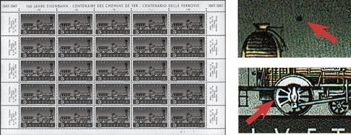 [7300.277.09] 5 Rp. Erste Dampflokomotive, "Fehlende Speiche" und "Rasterfehler Glorienschein am Kamin unten links"