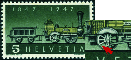 [7300.277.04] 5 Rp. Erste Dampflokomotive,&quot;Fehlende Speiche im Antriebsrad der Lokomotive&quot;