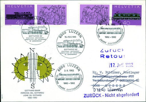 [7300.1982.06] 1982, 100 Jahre Gotthard-Bahn, offizieller Sonderbrief der SBB