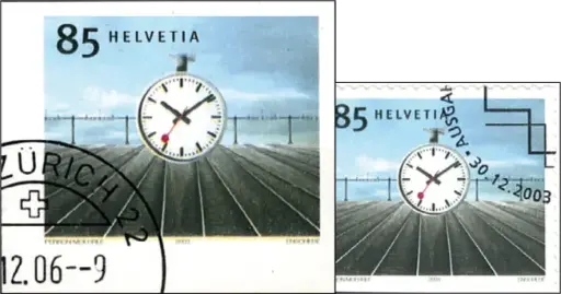 [7300.1108.12] 85 Rp.Bahnhofsuhr, Abart: "Ungezähnt statt gezähnt"