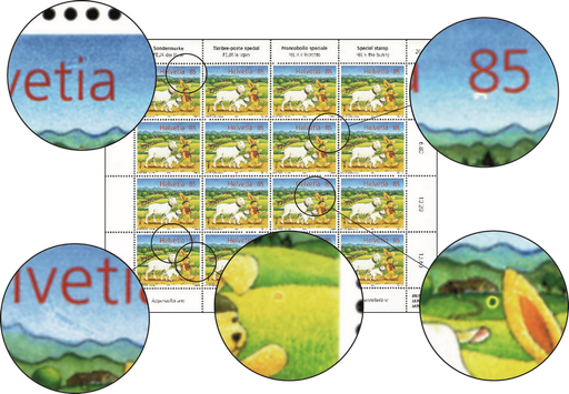 [7300.1163.05] 85 Rp. Felix begleitet von Ziegen, "Wolke hinter i von Helvetia", "Putzer unter 8 von 85", "Ohrmarke bei Felix", "grosser Berg unter Helvetia" u. "Osterei in der Wiese"