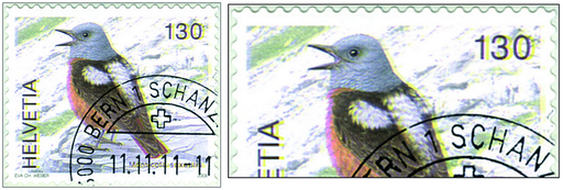 [7300.1272.22] 130 Rp. Steinrötel, "Markante Verschiebung der gelben Druckfarbe" dadurch sind Schrift und Wertziffern gelb schattiert und das Brust- und Schwanzgefieder des Vogels ist rosa statt hellbraun