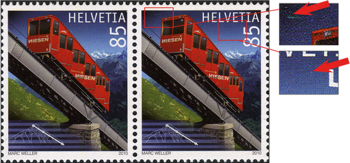 [7300.1349.18] 85 Rp. 100 Jahre Niesenbahn, "Hellblauer Haarstrich über der Kabine", "Hellroter Putzer im Himmel"