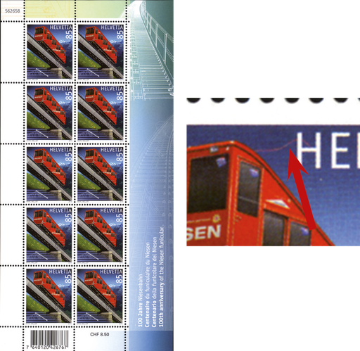 [7300.1349.03] 85 Rp. 100 Jahre Niesenbahn, "Grosser, hellroter Strombügel von der Kabine zu H von Helvetia im Himmel"