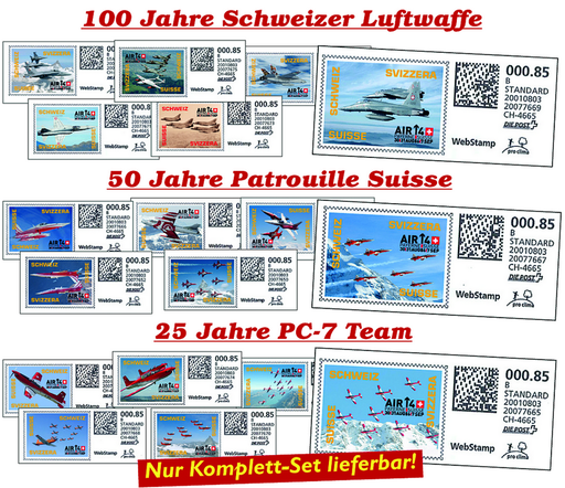 [7300.2014.34] 2014, 18 exkl. Schweizer WebStamps zu den Jubiläen "100 Jahre Schweizer Luftwaffe", "50 Jahre Patrouille Suisse" und "25 Jahre PC-7 Team"
