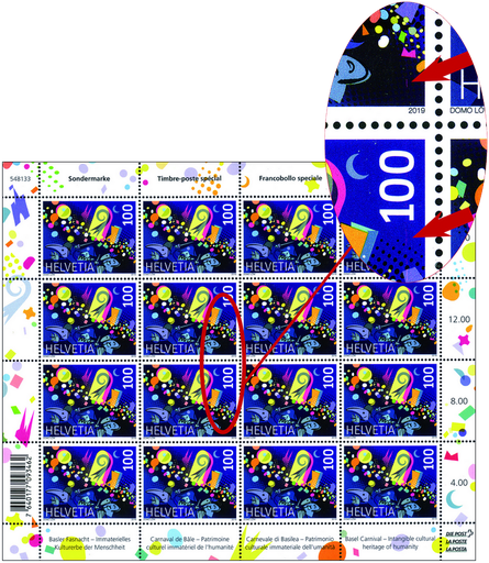 [7300.1712.11] 100 Rp. Basler Fasnacht, "Senkrechter, roter Wischstrich über zwei Marken"