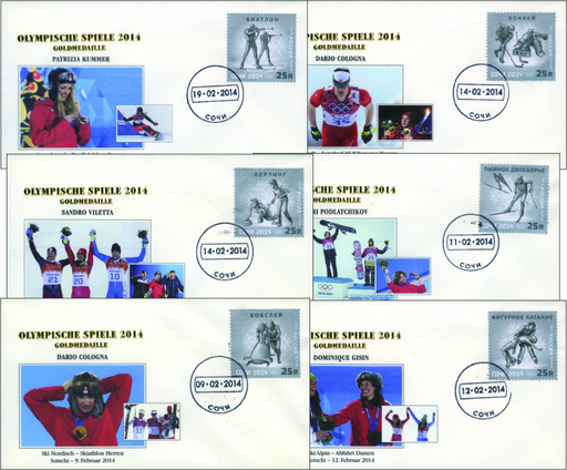 [7300.2014.21] 2014, Olympische Spiele Sotschi, 6 Sonderbelege und Gratismünze