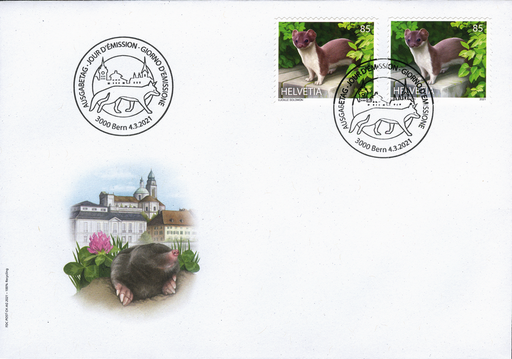[7303.1808.02] Tiere in der Stadt, 85 Rp. Hermlin, Combo-Ersttagbeleg mit Normalmarke und Marke aus Trägerfolie-Viererblock