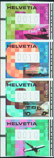 [7310.15.15] 2001, Zeitgenössische Grafik Posttransportmittel, "Im Viererstreifen statt einzeln geschnitten"